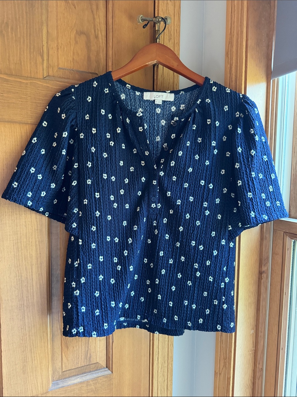LOFT Navy Textured Short-Sleeve Floral Popover Blouse